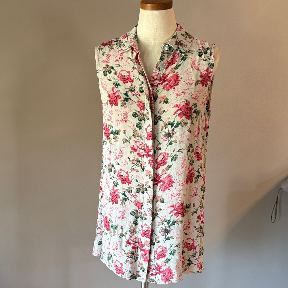 April Cornell Pink and Green Floral  sleeveless top / vest Blouse / button up S